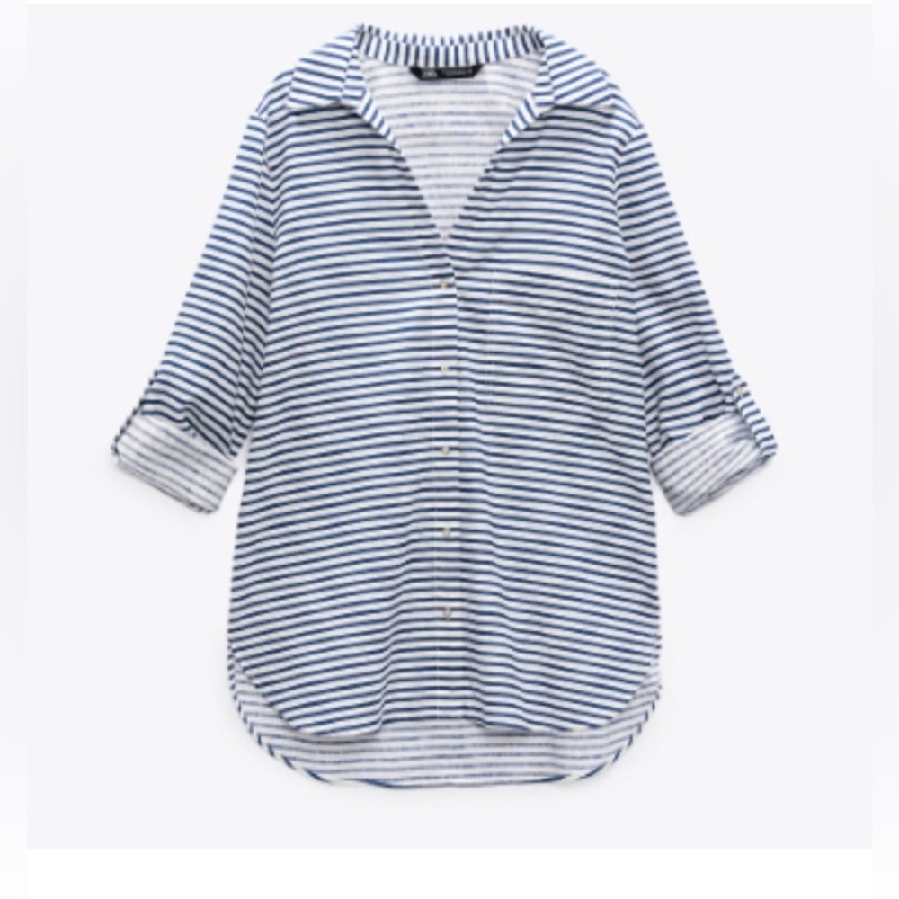Zara Navy and White Striped Linen Blend Casual Button-Down Shirt Size XL